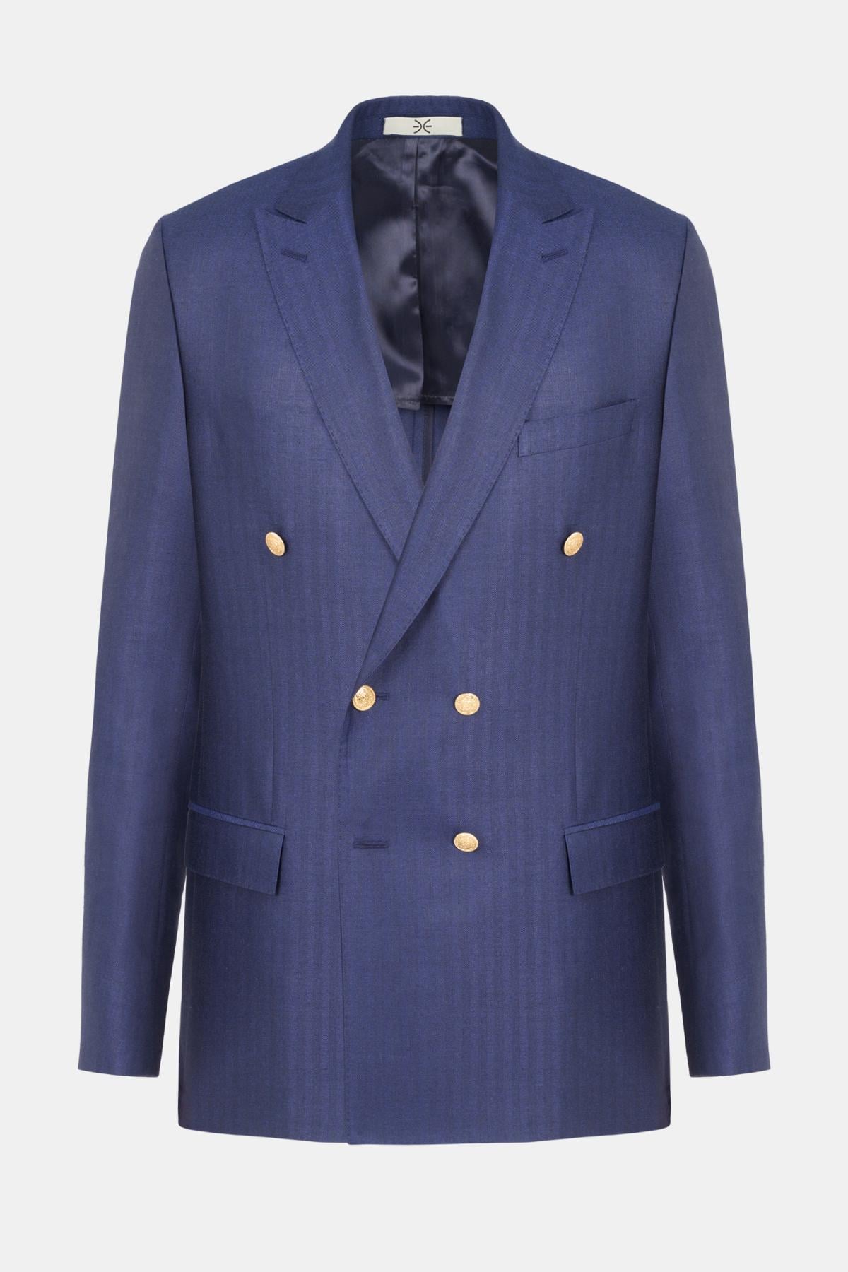  Erkek Lacivert Loro Piana Kumaşıyla Üretilmiş Yün İpek Keten Karışımlı Kruvaze Ceket