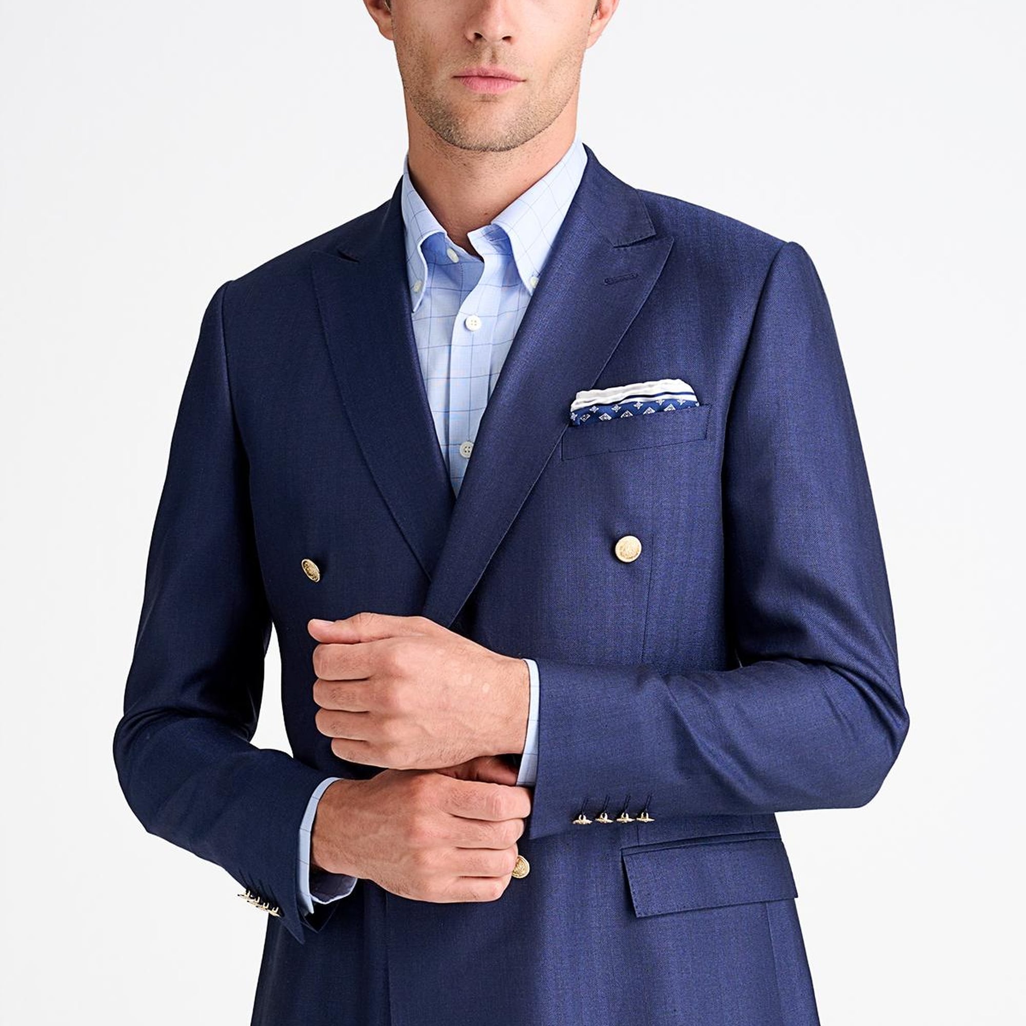 Erkek Lacivert Loro Piana Kumaşıyla Üretilmiş Yün İpek Keten Karışımlı Kruvaze Ceket