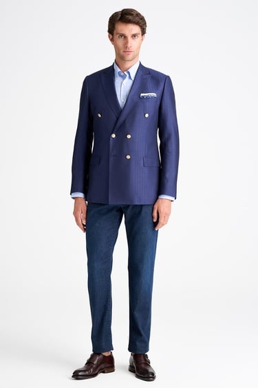  Erkek Lacivert Loro Piana Kumaşıyla Üretilmiş Yün İpek Keten Karışımlı Kruvaze Ceket