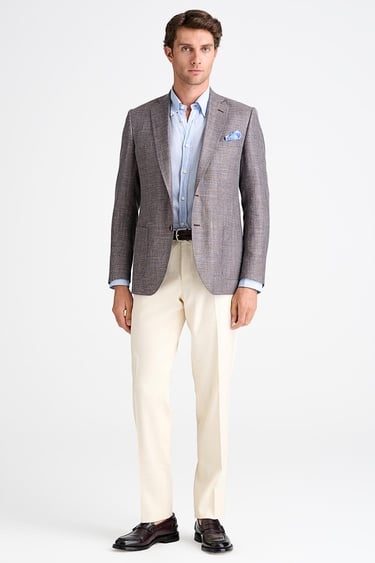  Erkek Kahverengi Loro Piana Kumaşıyla Üretilmiş Yün İpek Keten Karışımlı Ceket