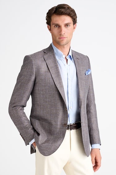  Erkek Kahverengi Loro Piana Kumaşıyla Üretilmiş Yün İpek Keten Karışımlı Ceket