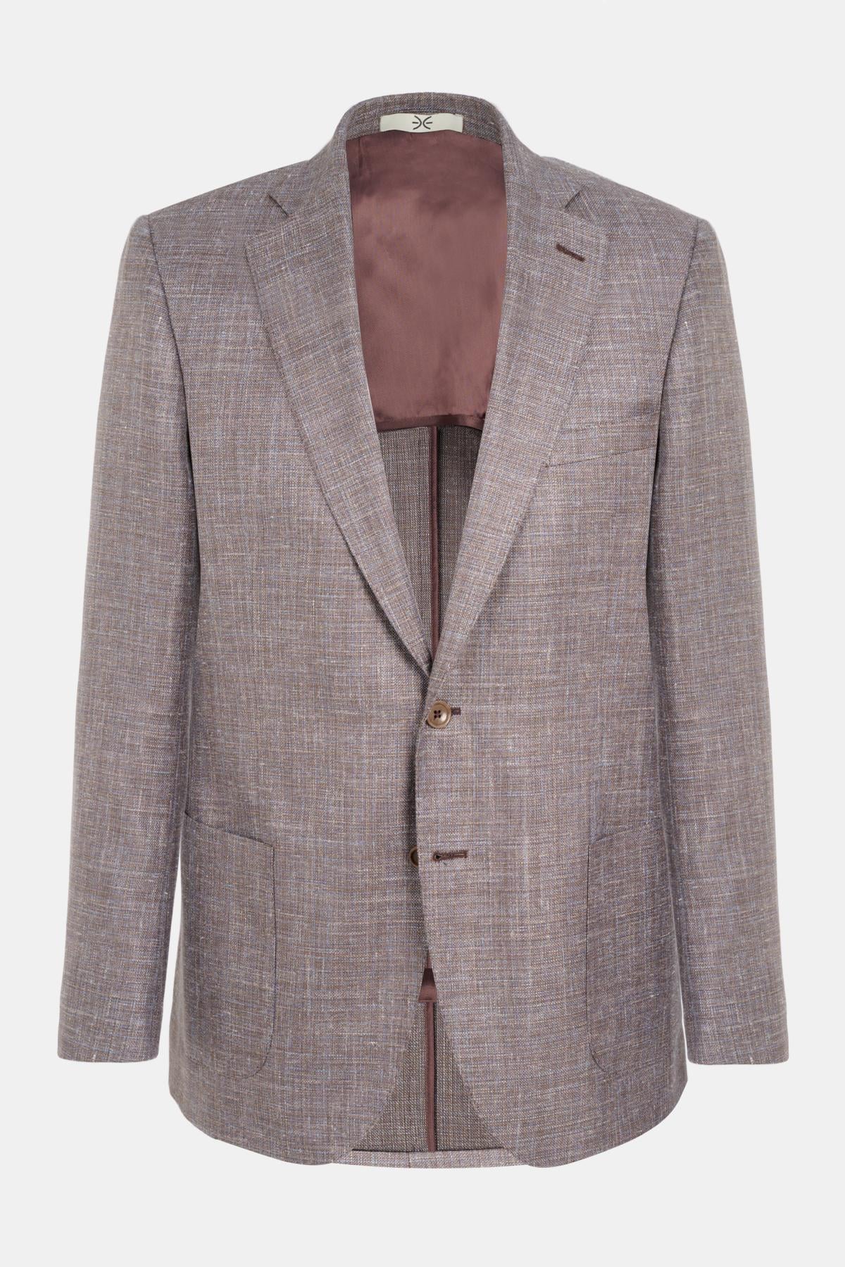  Erkek Kahverengi Loro Piana Kumaşıyla Üretilmiş Yün İpek Keten Karışımlı Ceket