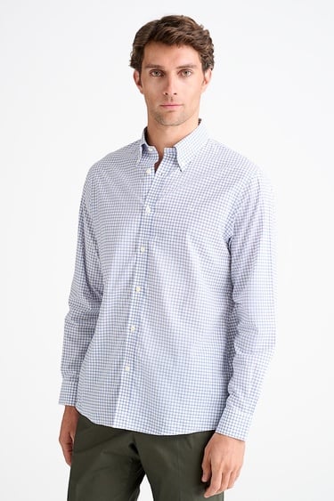  Erkek Mavi Cooper Fit Düğmeli Yaka Pötikare Desenli Spor Gömlek