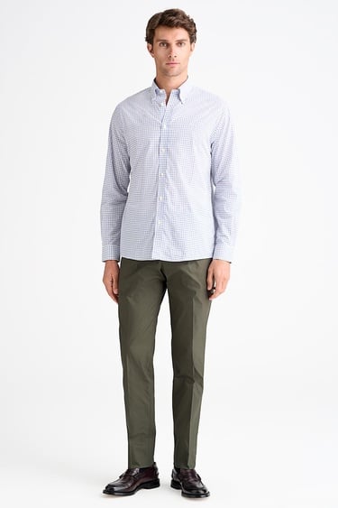  Erkek Mavi Cooper Fit Düğmeli Yaka Pötikare Desenli Spor Gömlek