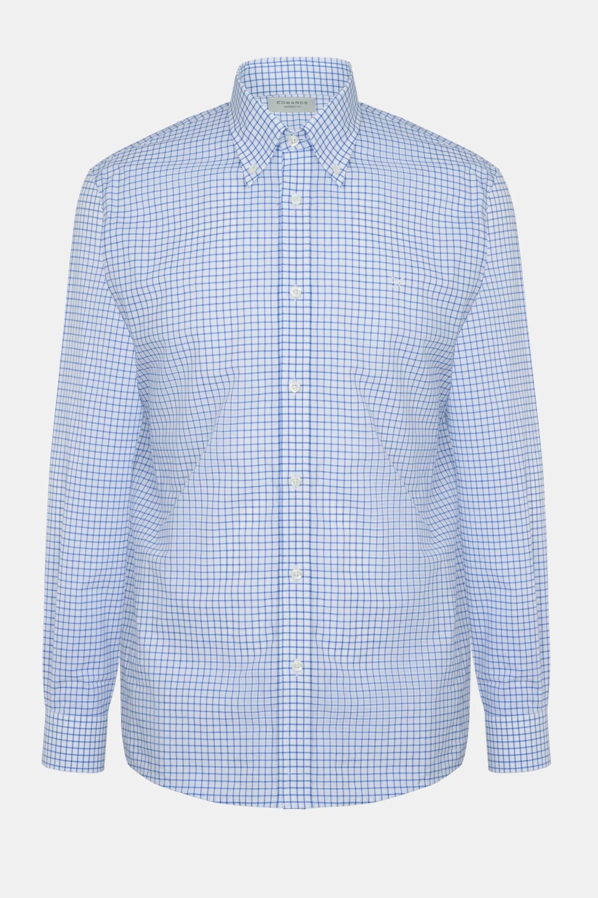  Erkek Mavi Cooper Fit Düğmeli Yaka Pötikare Desenli Spor Gömlek