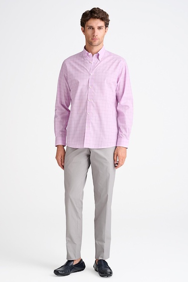  Erkek Pembe Cooper Fit Düğmeli Yaka Ekoseli Spor Gömlek