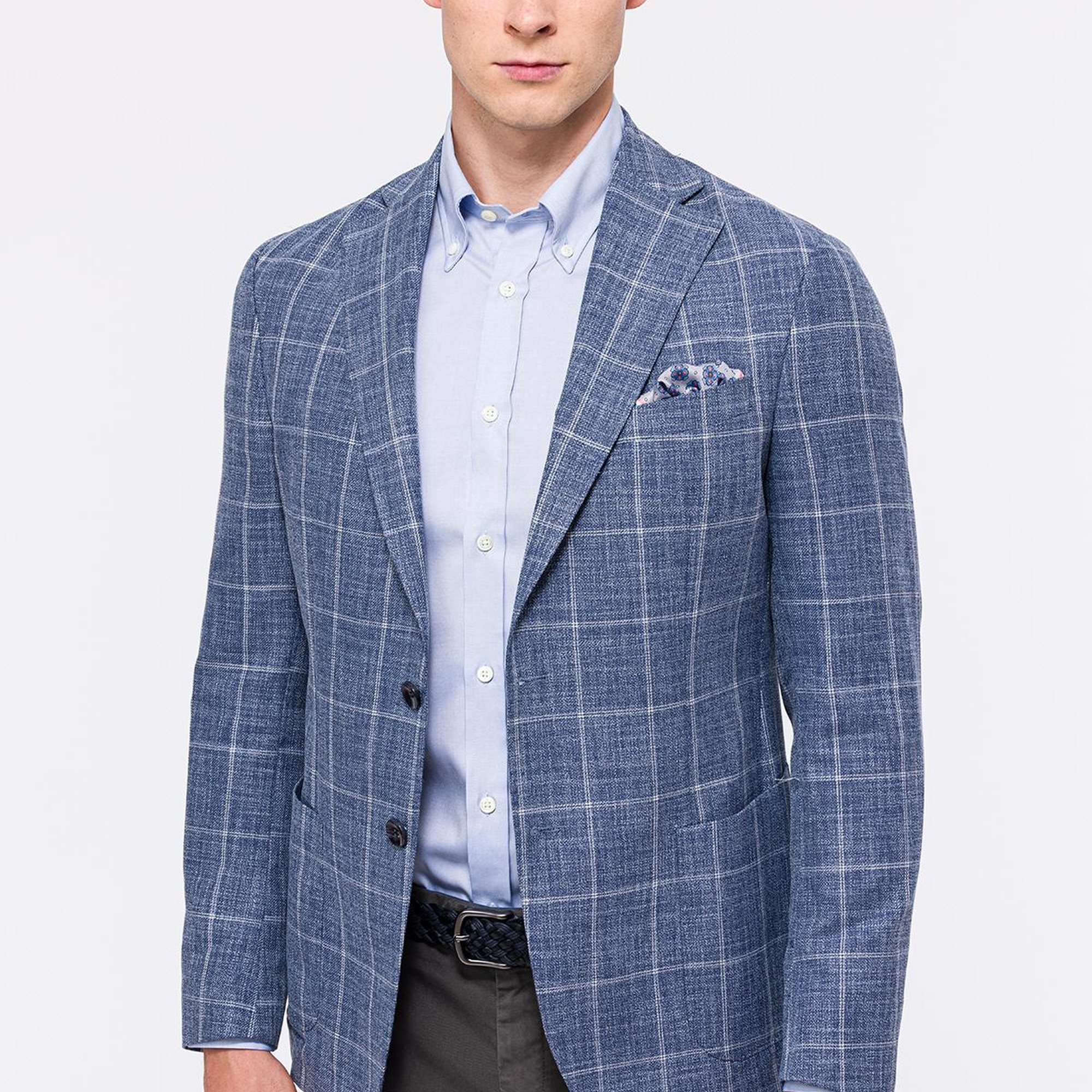 Erkek Açık Mavi Vitale Barberis Ekoseli Yün Spor Ceket