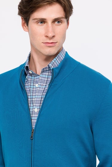  Erkek Petrol Organik Pamuklu Fermuarlı Hırka