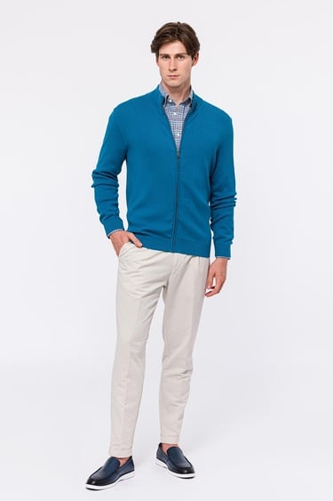  Erkek Petrol Organik Pamuklu Fermuarlı Hırka