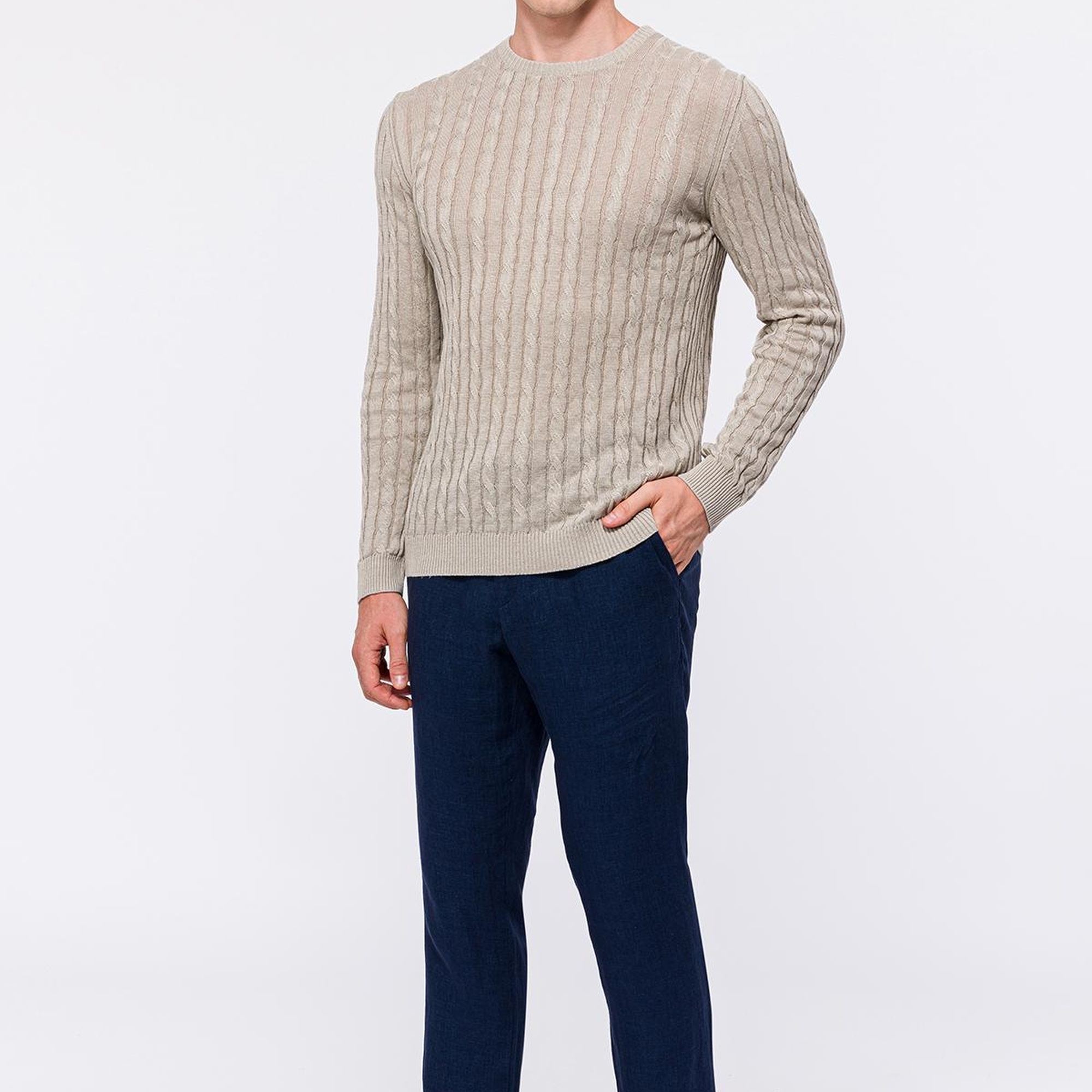 Erkek Bej Saç Örgülü Bisiklet Yaka Keten Kazak