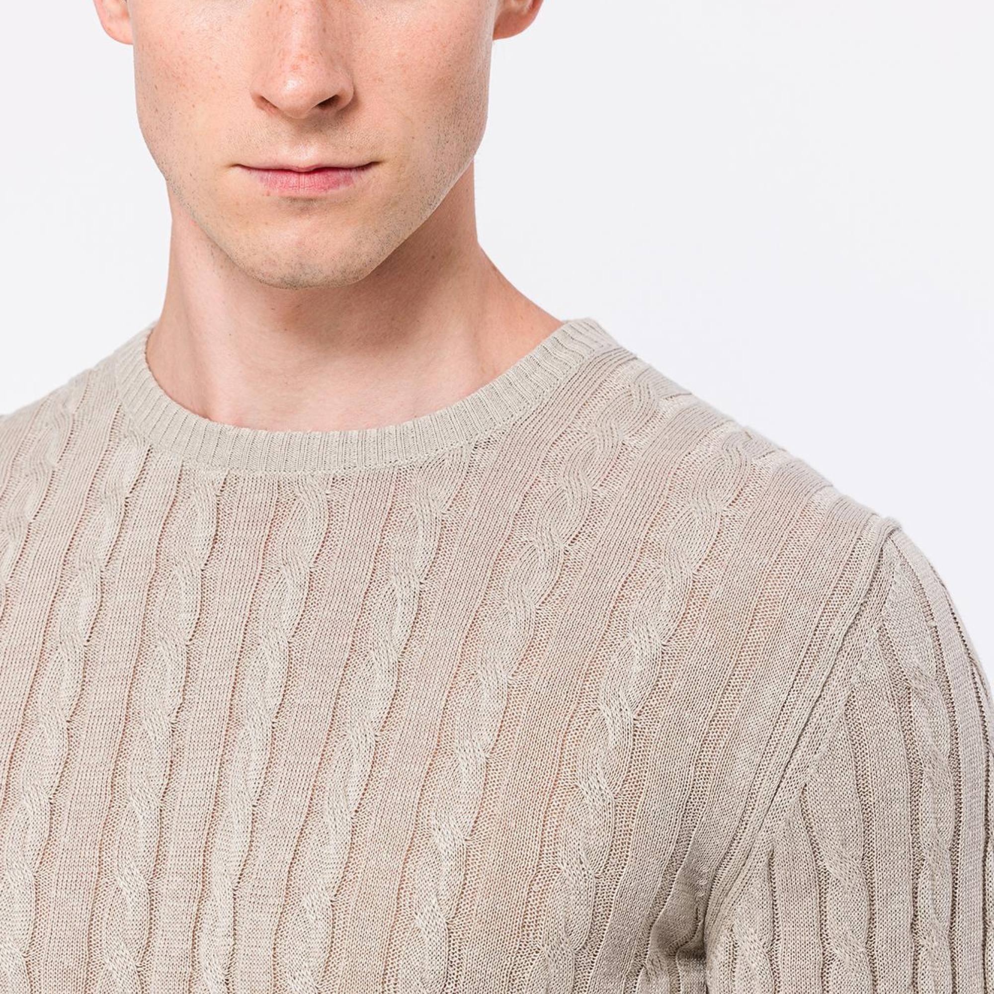 Erkek Bej Saç Örgülü Bisiklet Yaka Keten Kazak