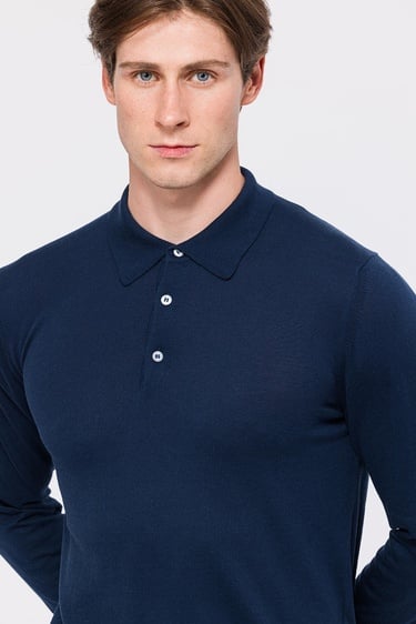  Erkek Lacivert Organik Pamuklu Polo Yaka Kazak