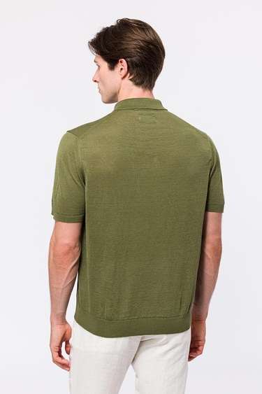  Erkek Haki Keten Kısa Kollu Polo Yaka Kazak