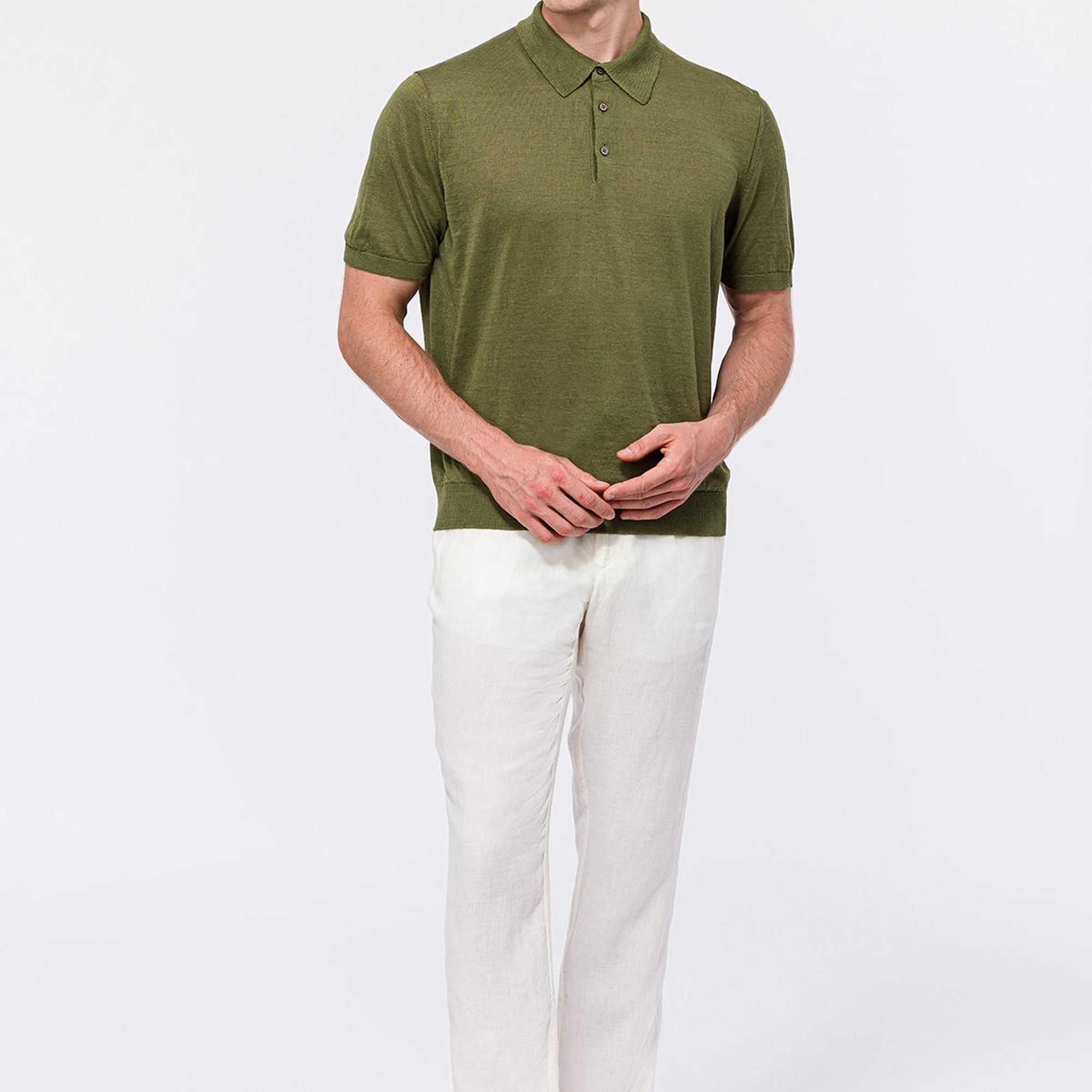 Erkek Haki Keten Kısa Kollu Polo Yaka Kazak