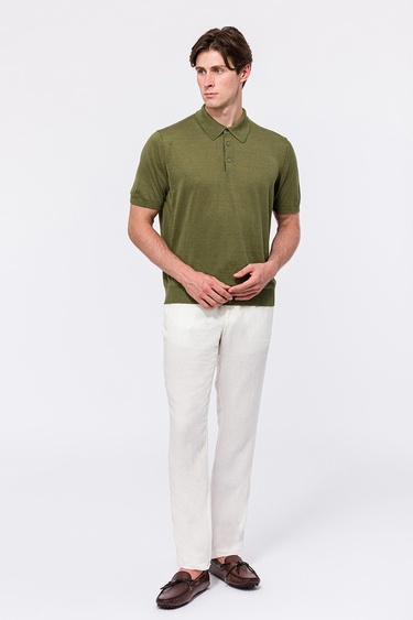  Erkek Haki Keten Kısa Kollu Polo Yaka Kazak