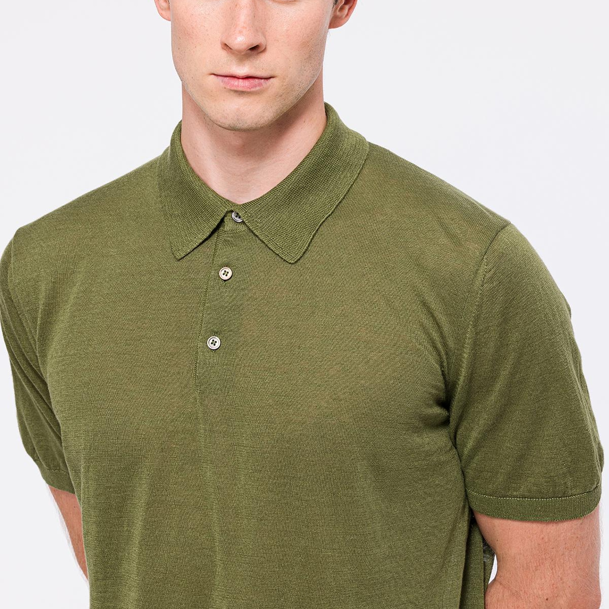 Erkek Haki Keten Kısa Kollu Polo Yaka Kazak
