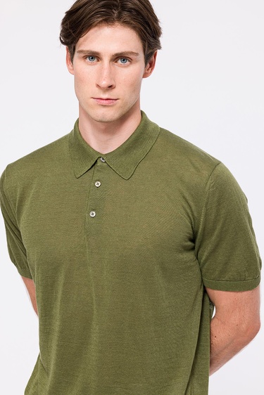  Erkek Haki Keten Kısa Kollu Polo Yaka Kazak