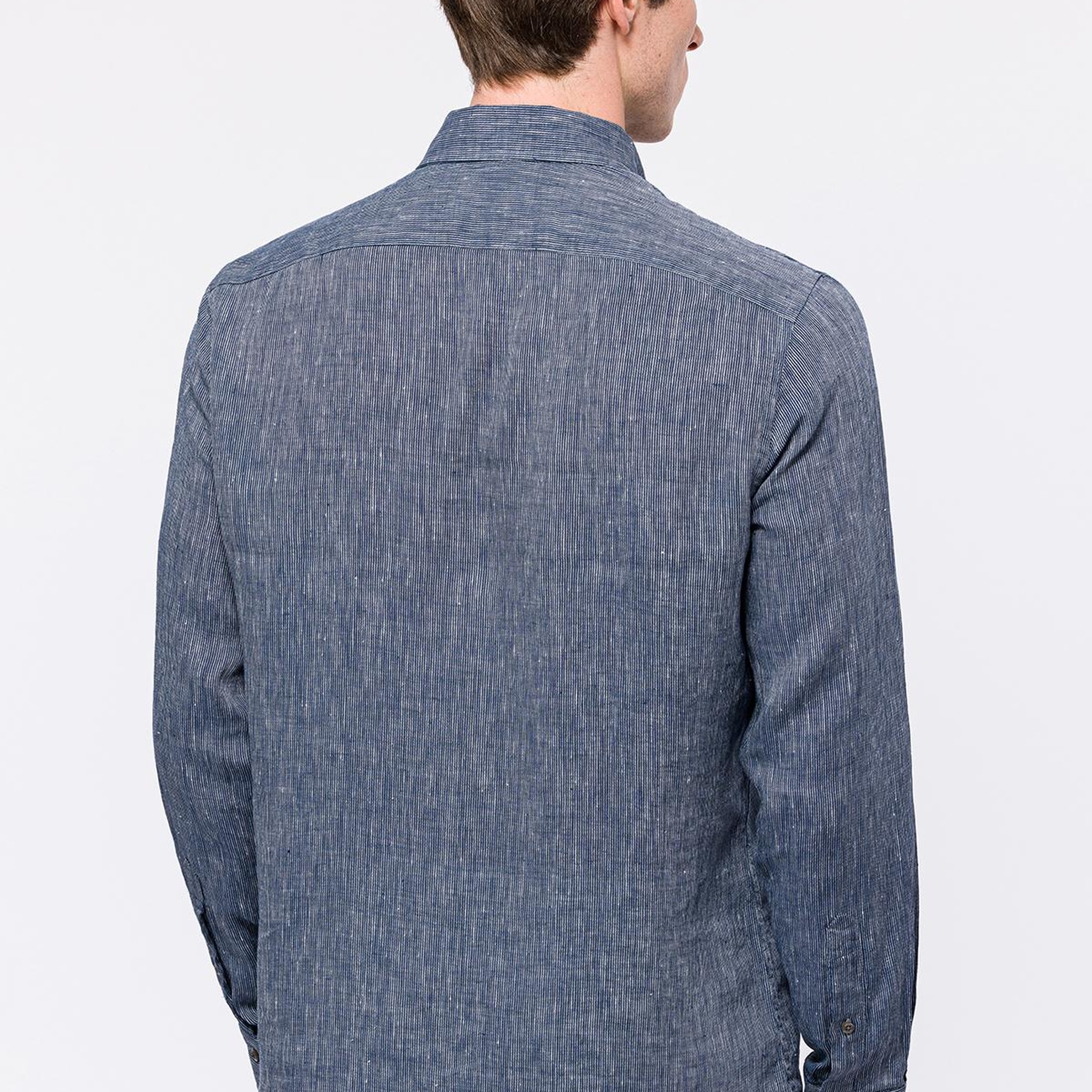 Erkek Lacivert Cooper Fit Düğmeli Yaka Keten Gömlek