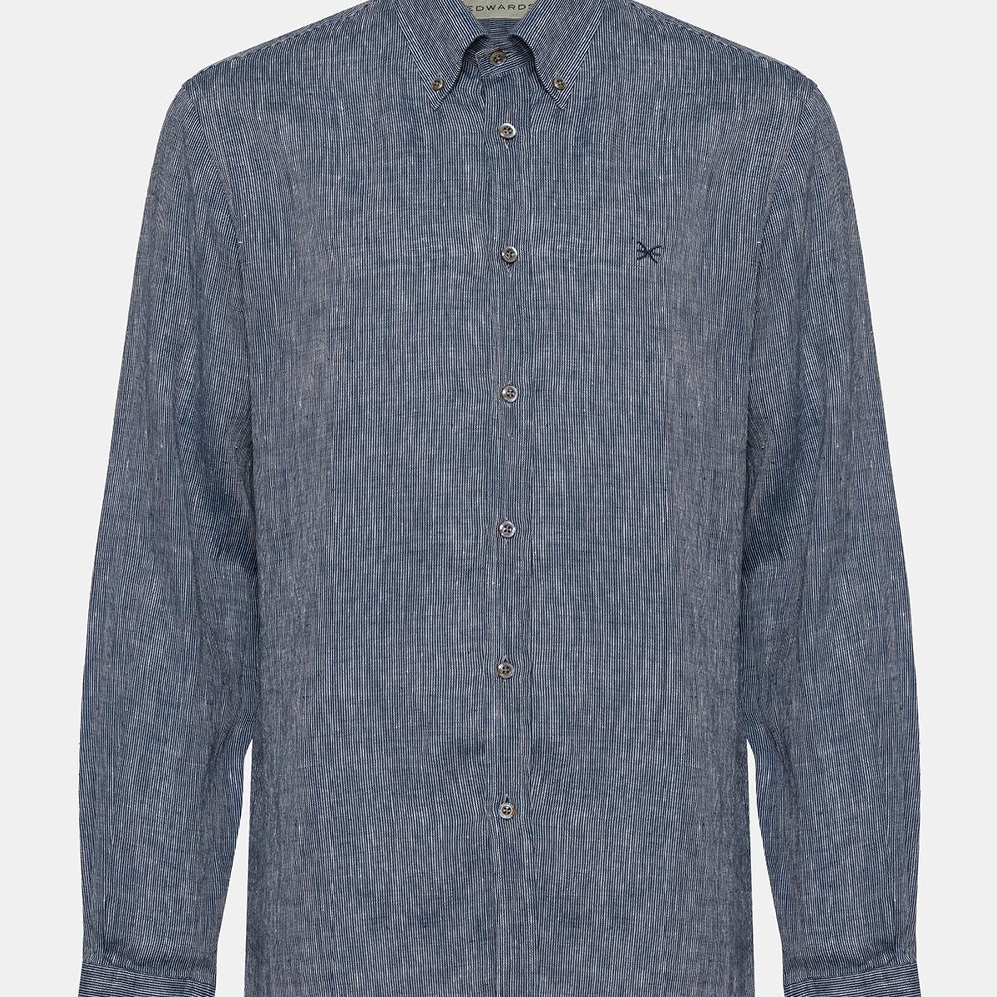 Erkek Lacivert Cooper Fit Düğmeli Yaka Keten Gömlek