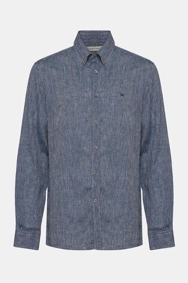  Erkek Lacivert Cooper Fit Düğmeli Yaka Keten Gömlek