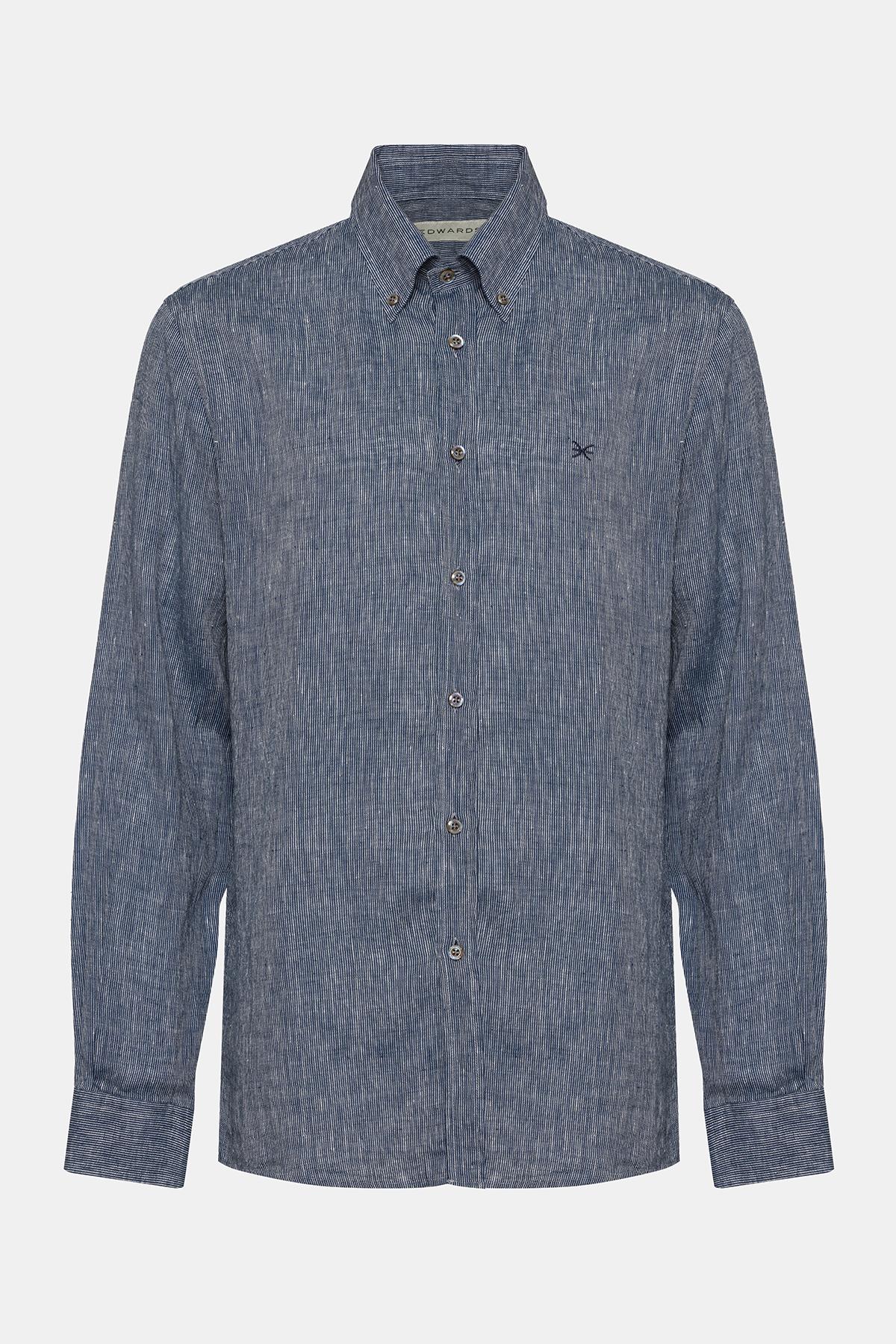  Erkek Lacivert Cooper Fit Düğmeli Yaka Keten Gömlek