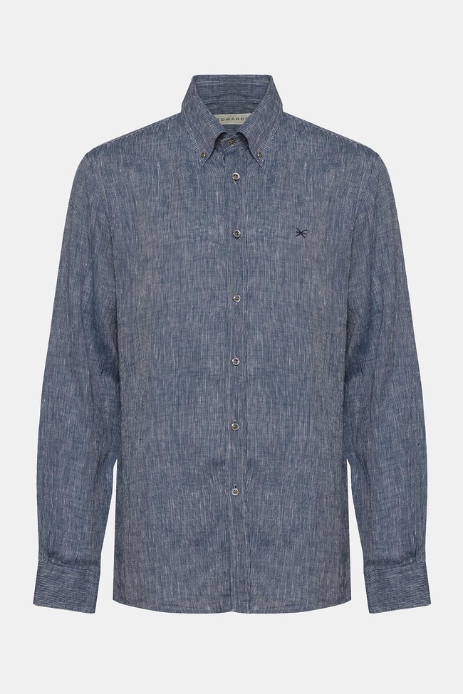  Erkek Lacivert Cooper Fit Düğmeli Yaka Keten Gömlek