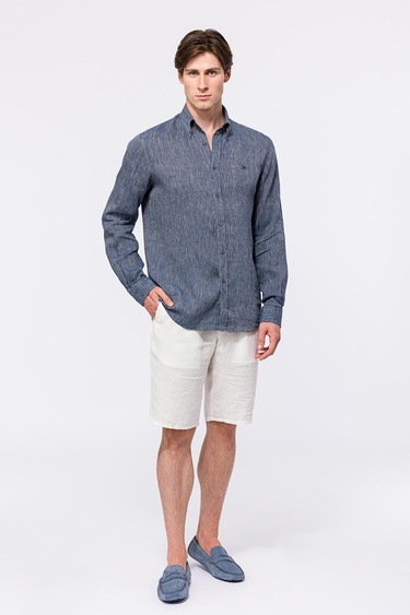  Erkek Lacivert Cooper Fit Düğmeli Yaka Keten Gömlek