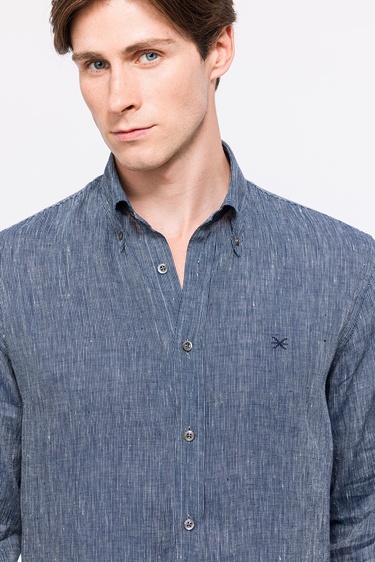 Erkek Lacivert Cooper Fit Düğmeli Yaka Keten Gömlek