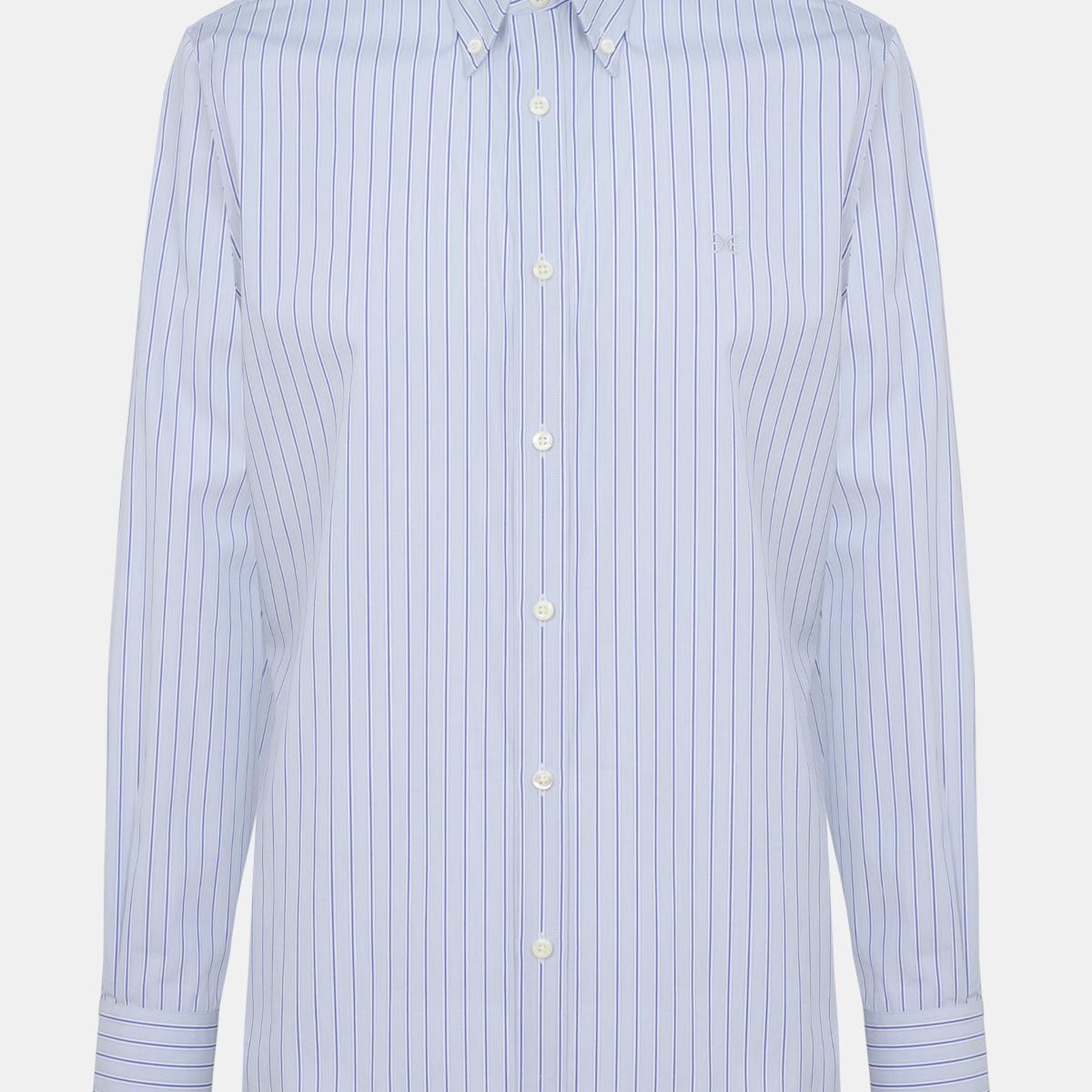 Erkek Gri Cooper Fit Düğmeli Yaka Çizgili Spor Gömlek