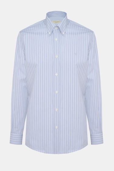  Erkek Gri Cooper Fit Düğmeli Yaka Çizgili Spor Gömlek