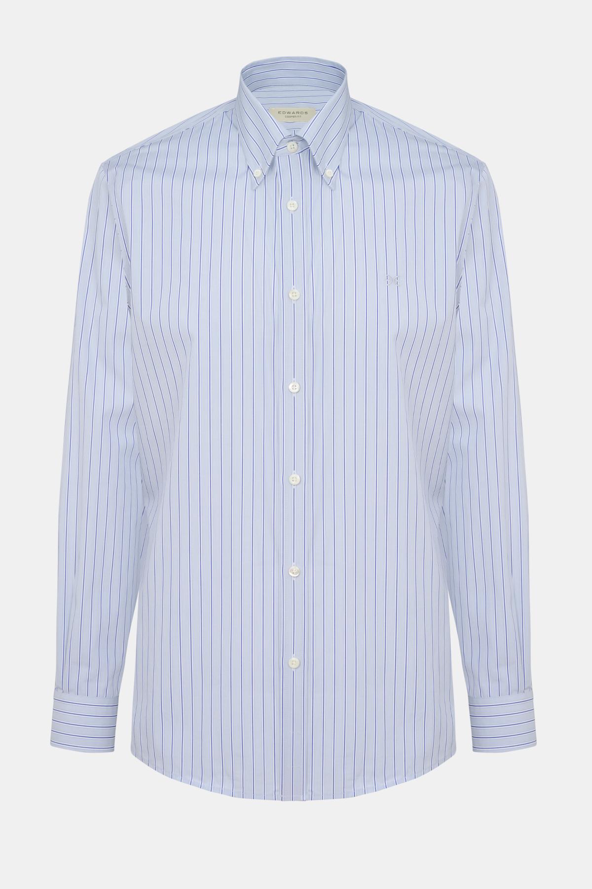  Erkek Gri Cooper Fit Düğmeli Yaka Çizgili Spor Gömlek