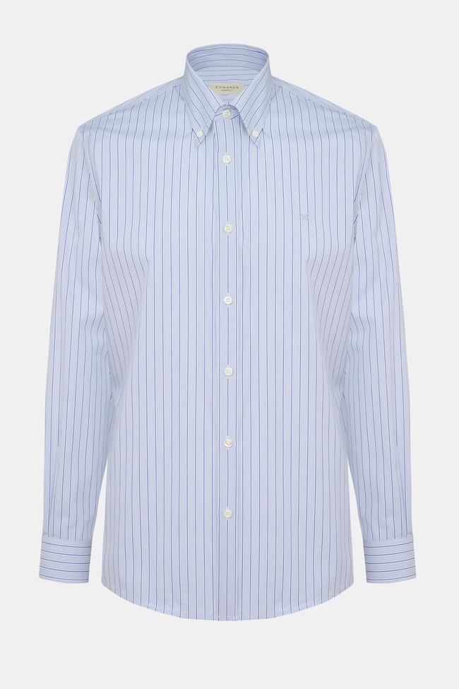  Erkek Gri Cooper Fit Düğmeli Yaka Çizgili Spor Gömlek