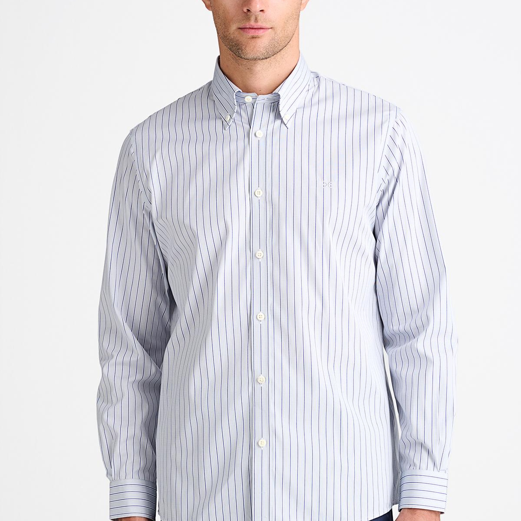 Erkek Gri Cooper Fit Düğmeli Yaka Çizgili Spor Gömlek