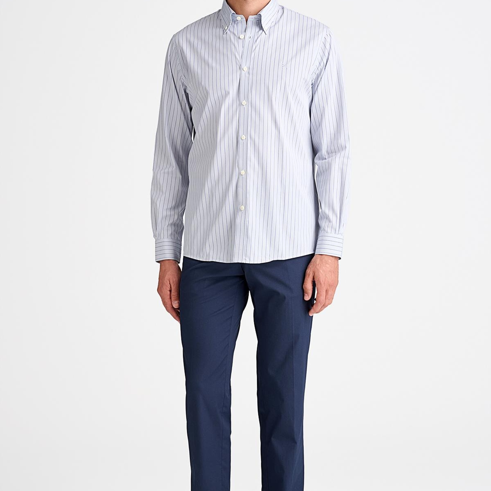 Erkek Gri Cooper Fit Düğmeli Yaka Çizgili Spor Gömlek