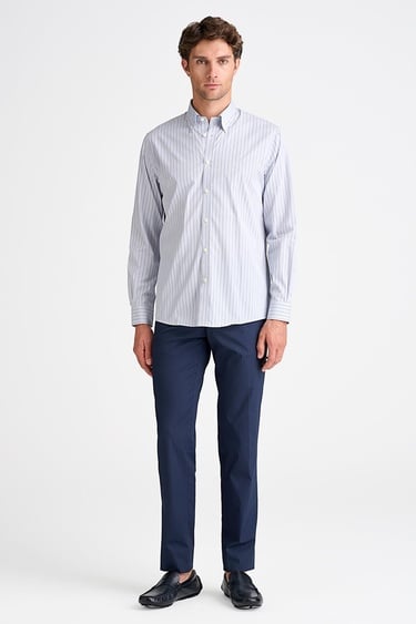 Erkek Gri Cooper Fit Düğmeli Yaka Çizgili Spor Gömlek