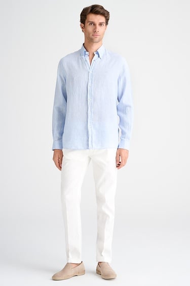  Erkek Mavi Cooper Fit Düğmeli Yaka İrlanda Keten Spor Gömlek