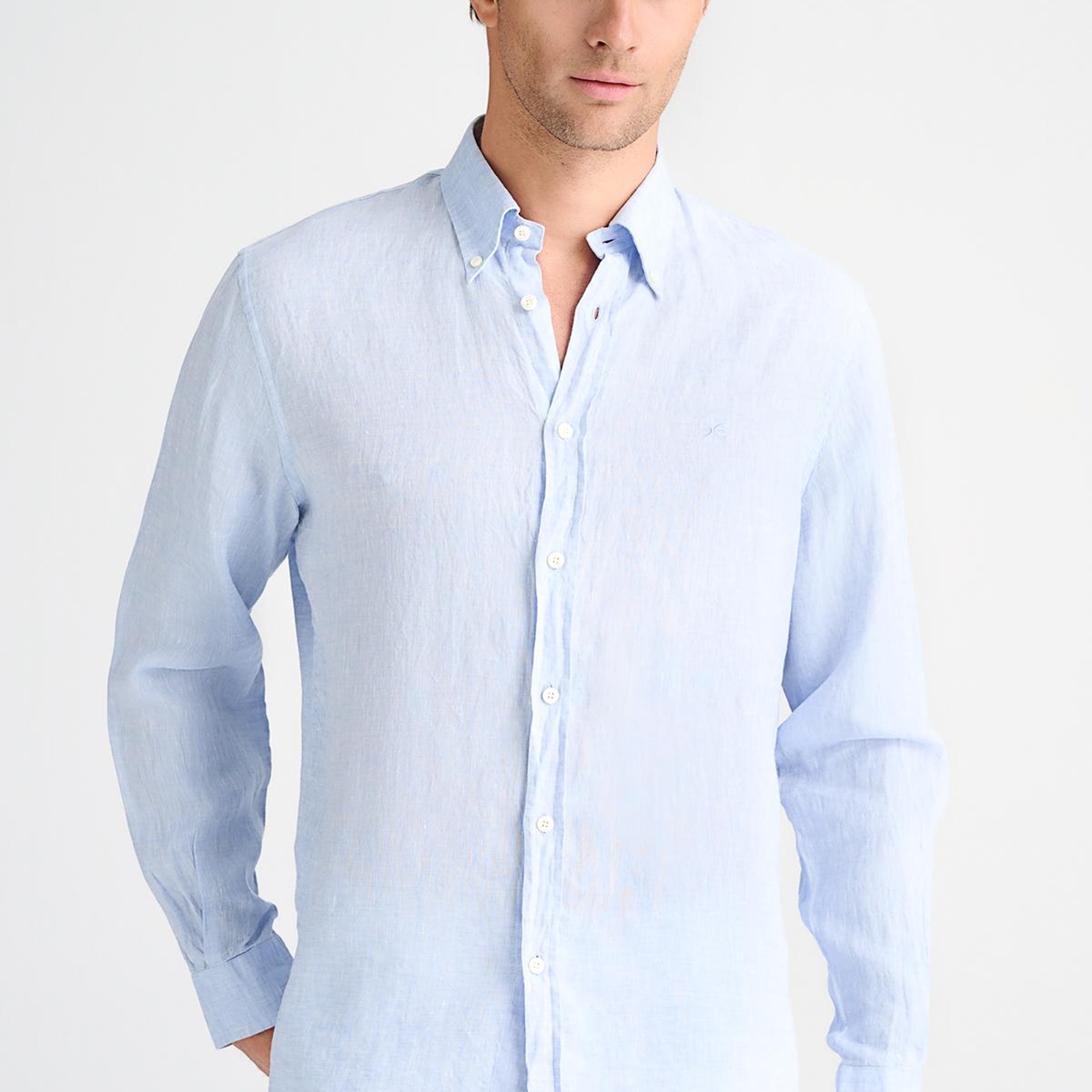 Erkek Mavi Cooper Fit Düğmeli Yaka İrlanda Keten Spor Gömlek