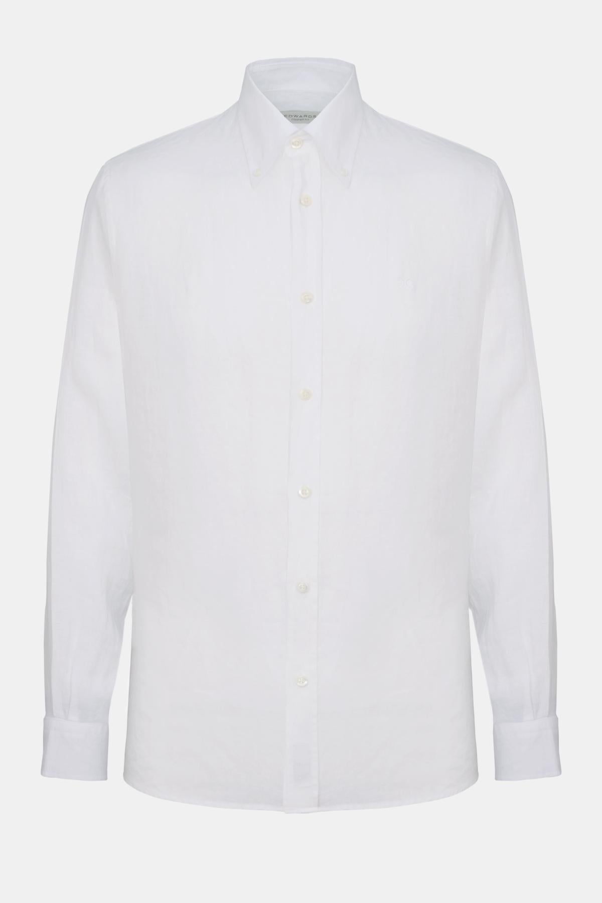  Erkek Beyaz Cooper Fit Düğmeli Yaka İrlanda Keten Spor Gömlek