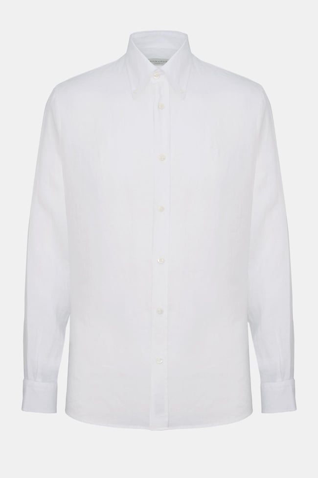  Erkek Beyaz Cooper Fit Düğmeli Yaka İrlanda Keten Spor Gömlek