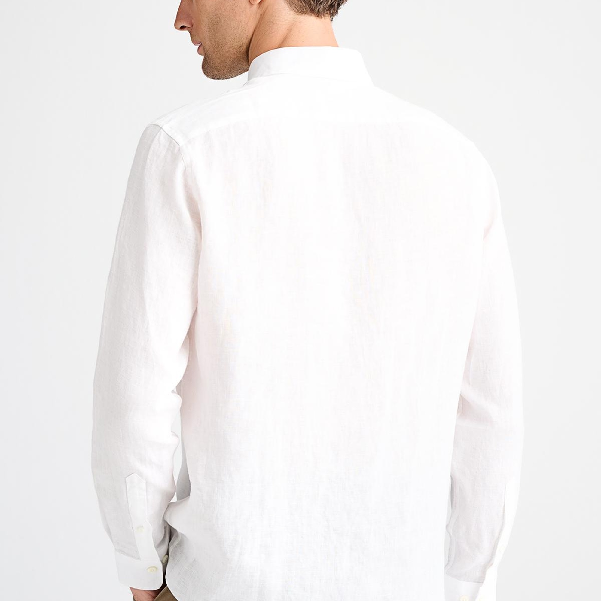 Erkek Beyaz Cooper Fit Düğmeli Yaka İrlanda Keten Spor Gömlek