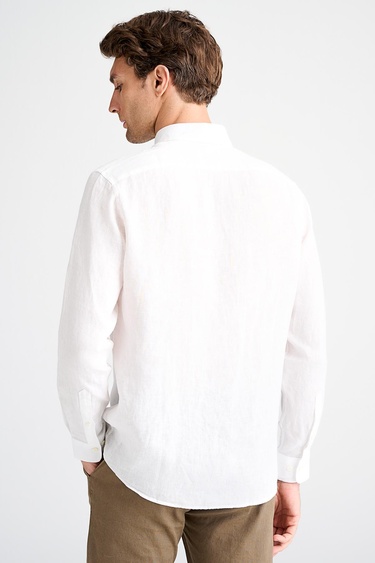  Erkek Beyaz Cooper Fit Düğmeli Yaka İrlanda Keten Spor Gömlek