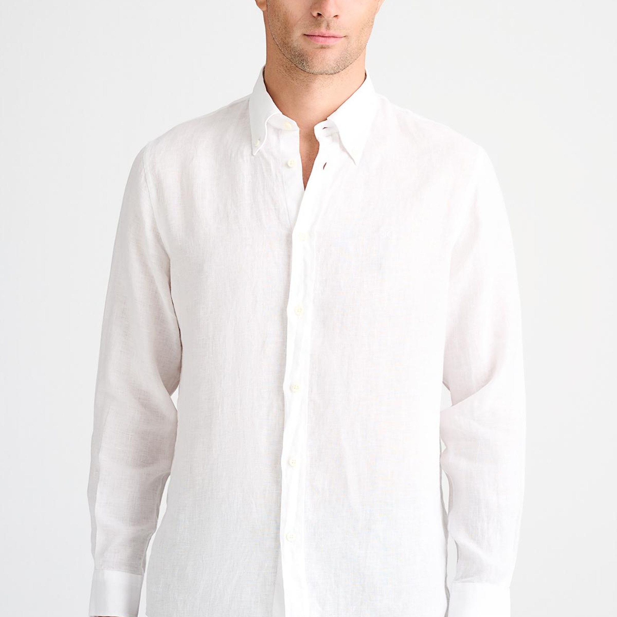 Erkek Beyaz Cooper Fit Düğmeli Yaka İrlanda Keten Spor Gömlek