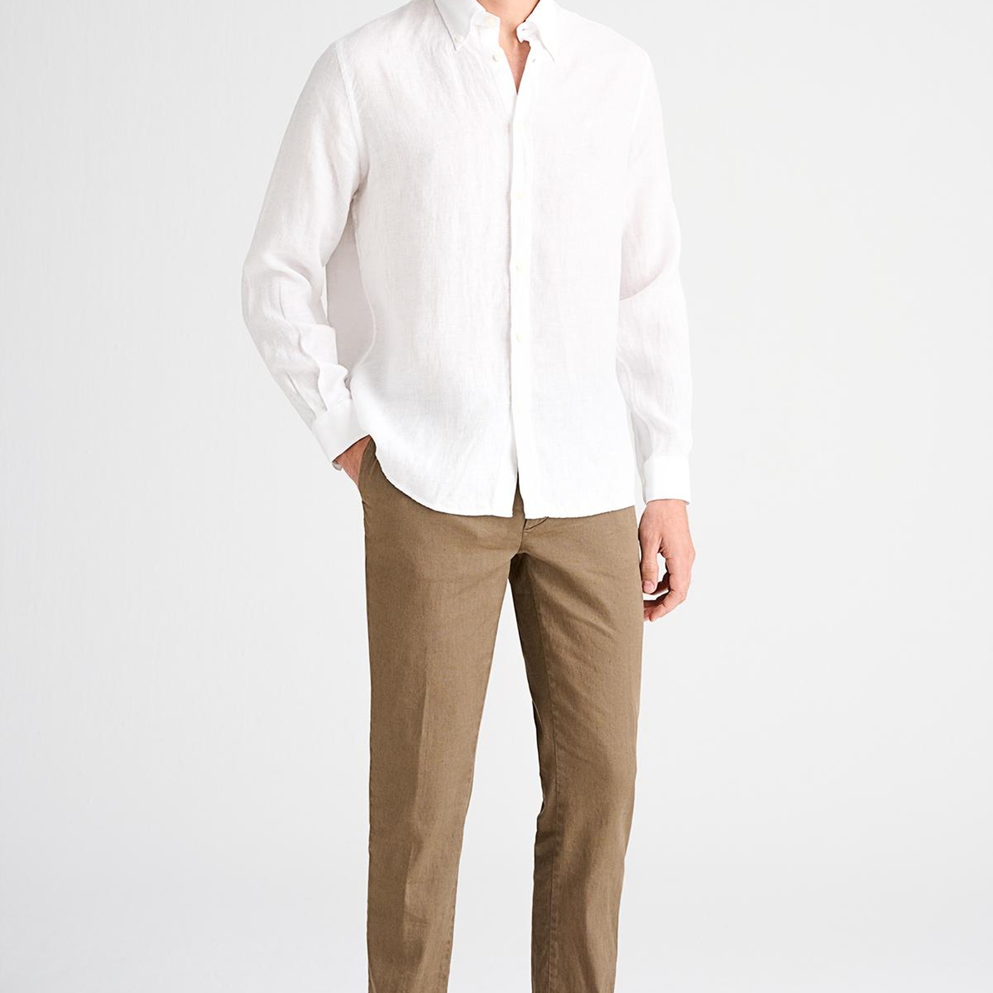 Erkek Beyaz Cooper Fit Düğmeli Yaka İrlanda Keten Spor Gömlek