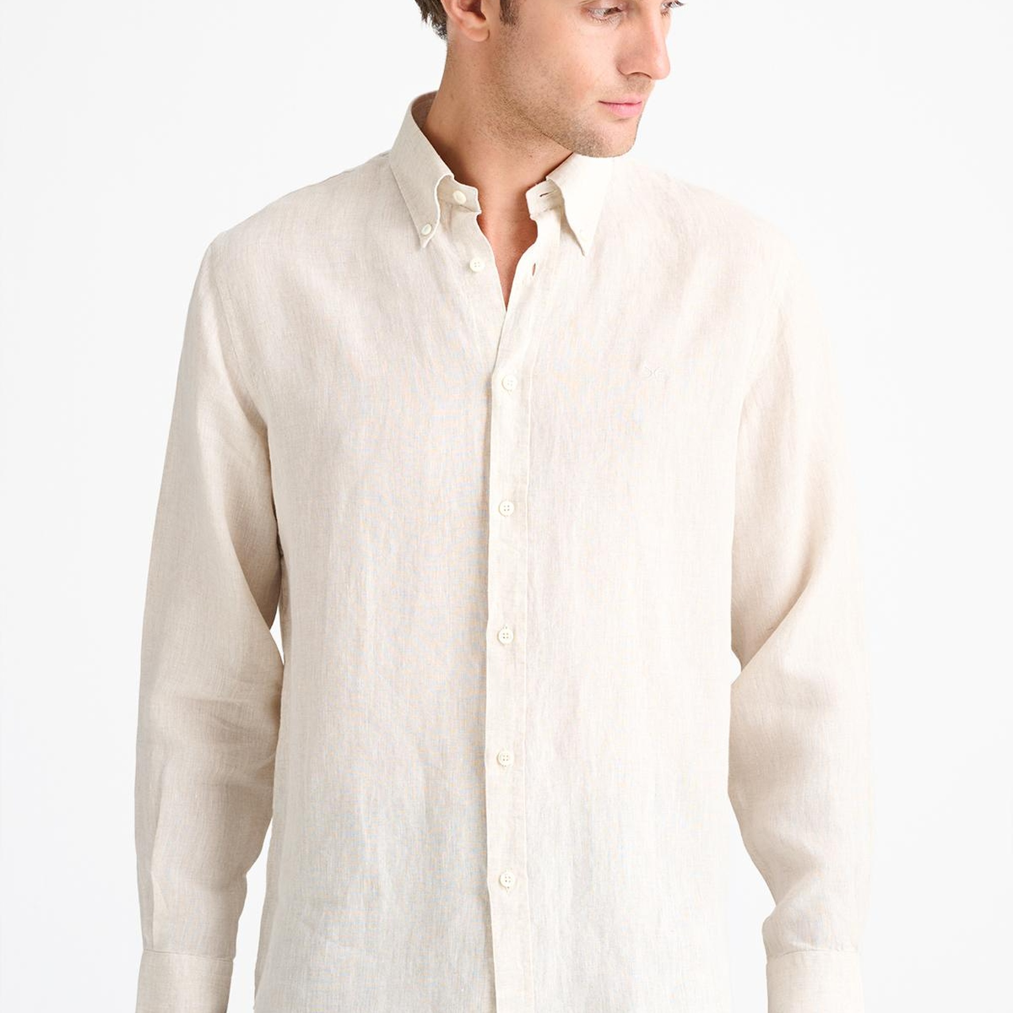 Erkek Natural Cooper Fit Düğmeli Yaka İrlanda Keten Spor Gömlek