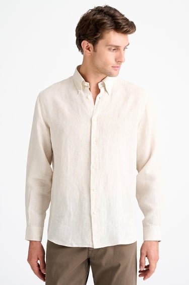  Erkek Natural Cooper Fit Düğmeli Yaka İrlanda Keten Spor Gömlek