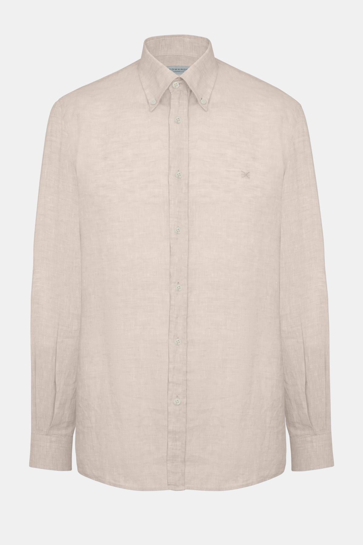  Erkek Natural Cooper Fit Düğmeli Yaka İrlanda Keten Spor Gömlek