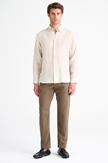  Erkek Natural Cooper Fit Düğmeli Yaka İrlanda Keten Spor Gömlek