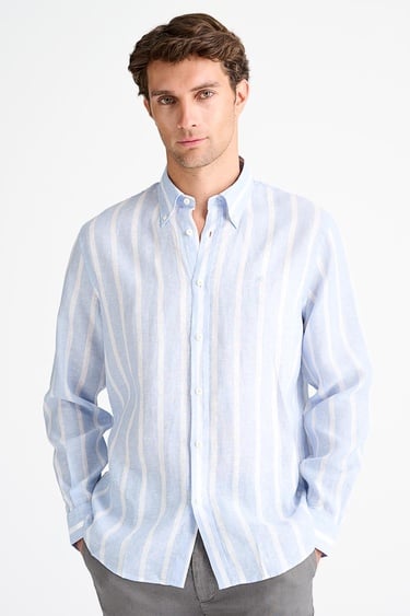  Erkek Mavi Cooper Fit Düğmeli Yaka İrlanda Keten Spor Gömlek