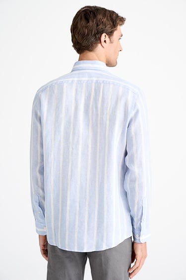  Erkek Mavi Cooper Fit Düğmeli Yaka İrlanda Keten Spor Gömlek