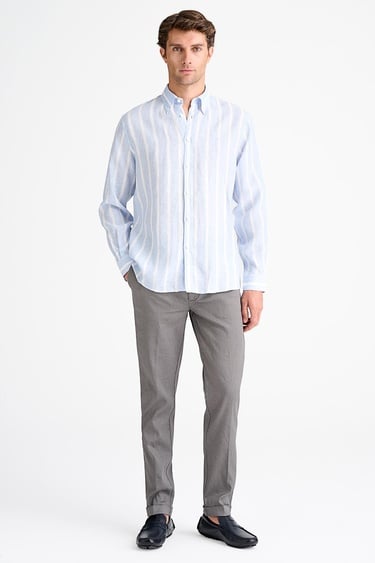  Erkek Mavi Cooper Fit Düğmeli Yaka İrlanda Keten Spor Gömlek